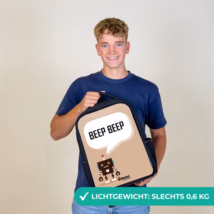 Kinderrugzak - Zwart - Donkerbruine robot met een tekst — 2