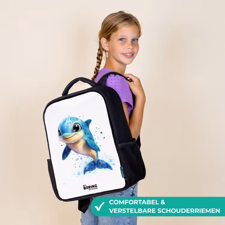 Kinderrugzak - Zwart - Blije dolfijn met waterdruppels op wit — 3
