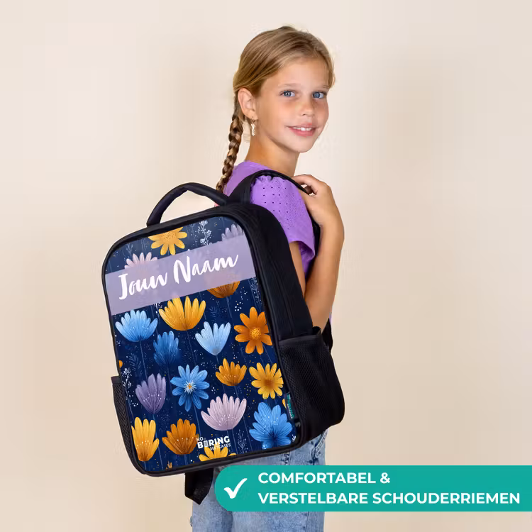 Kinderrugzak met naam - Zwart - Bloemen - Patroon - Blauw β 3