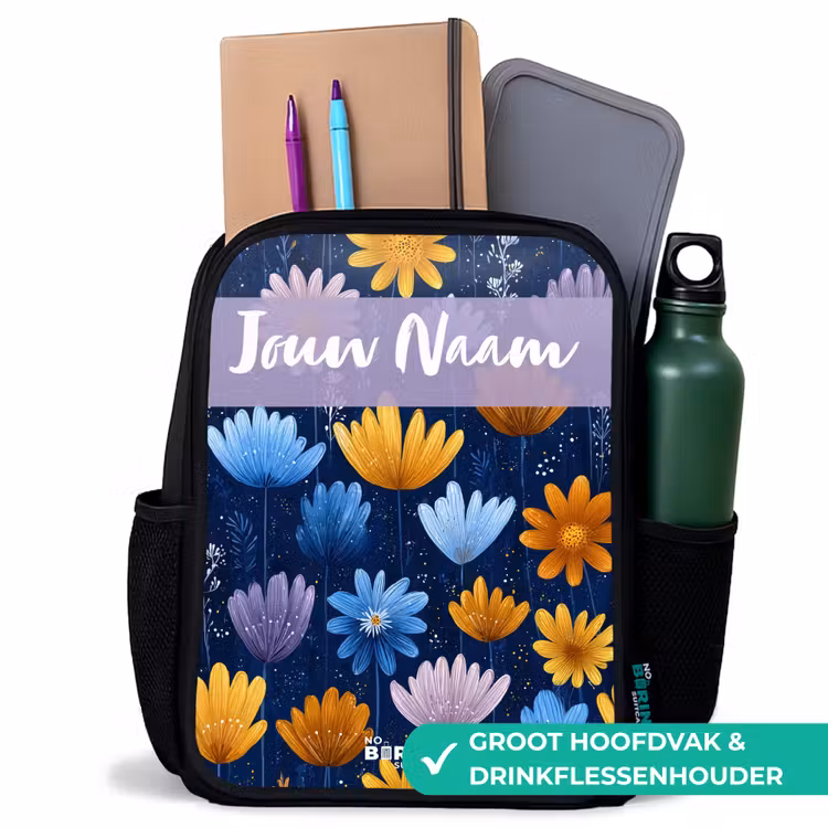 Kinderrugzak met naam - Zwart - Bloemen - Patroon - Blauw β 4
