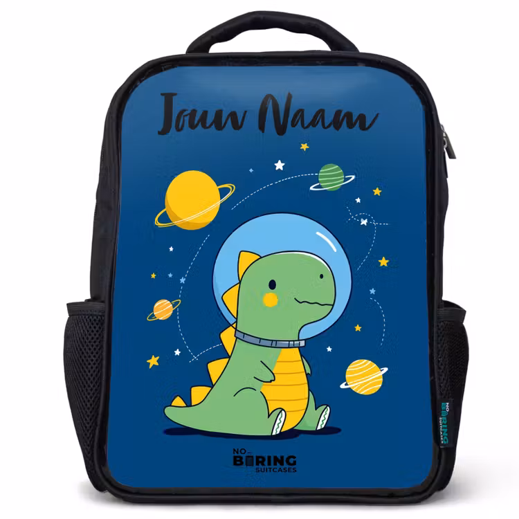 Kinderrugzak met naam - Zwart - Dino - Planeet - Ster - Blauw — 1