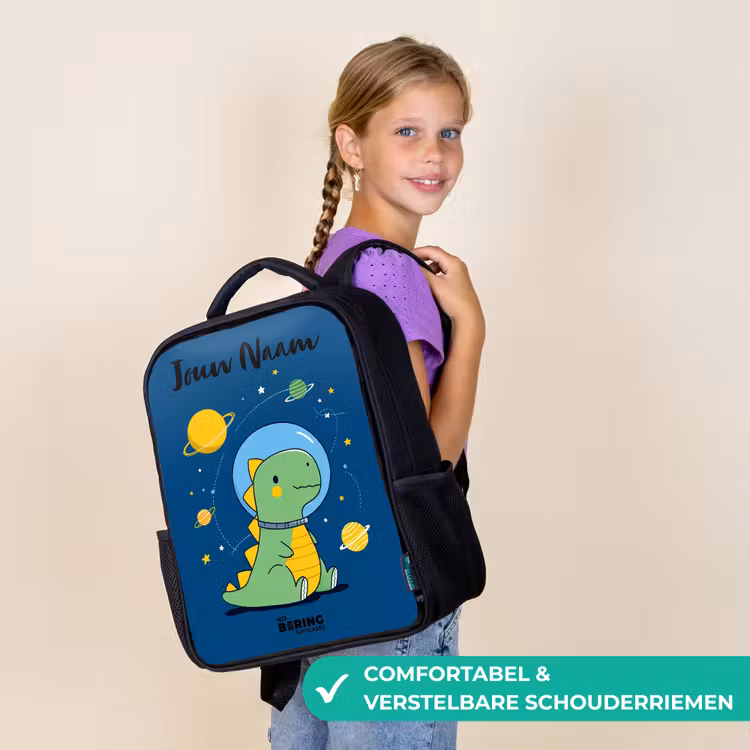 Kinderrugzak met naam - Zwart - Dino - Planeet - Ster - Blauw — 3