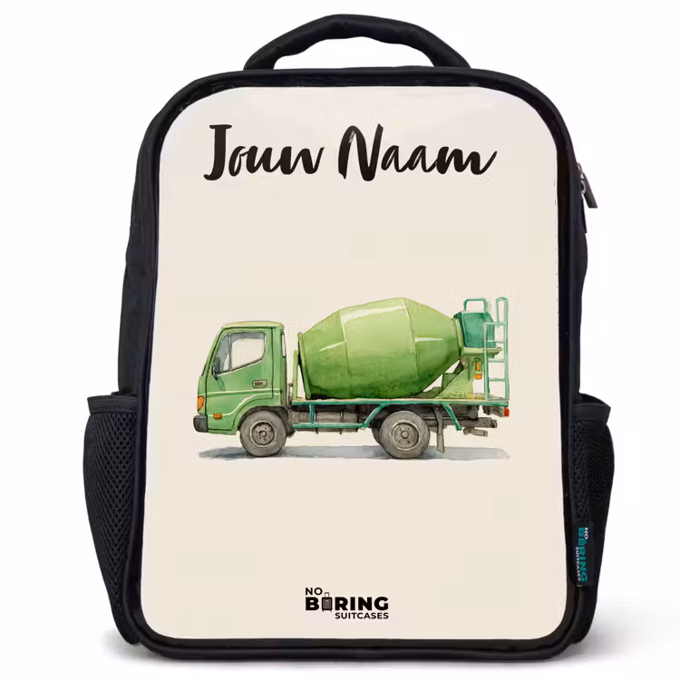 Kinderrugzak met naam - Zwart - Betonmixer - Getekend - Groen — 1