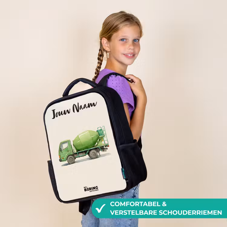 Kinderrugzak met naam - Zwart - Betonmixer - Getekend - Groen — 3