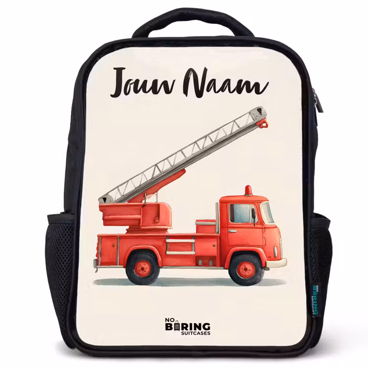 Kinderrugzak met naam - Zwart - Brandweerwagen - Getekend - Rood — 1