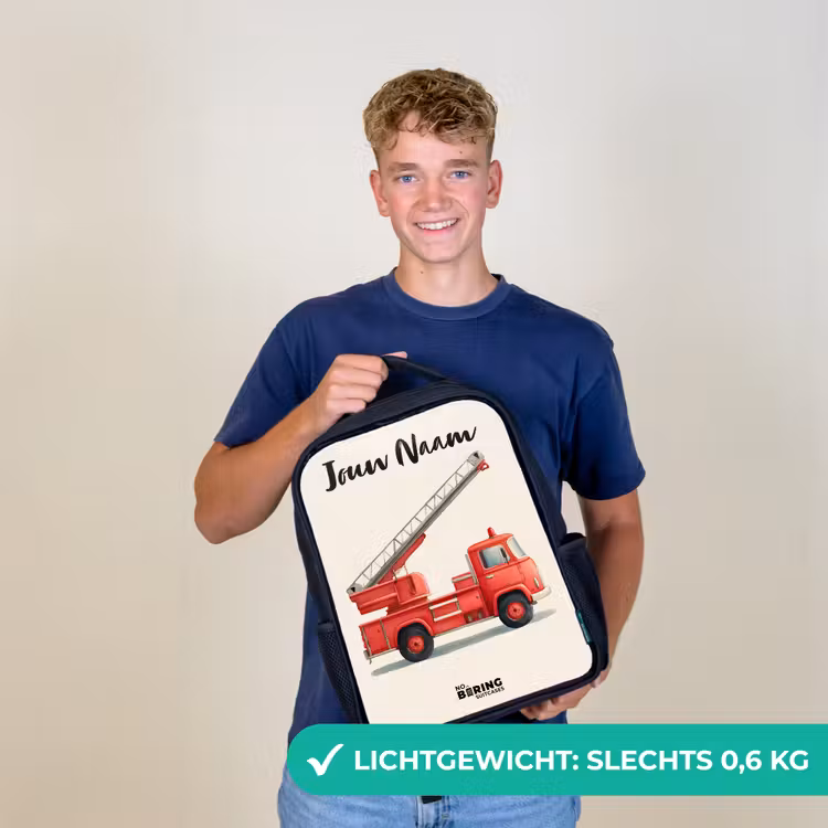 Kinderrugzak met naam - Zwart - Brandweerwagen - Getekend - Rood — 2