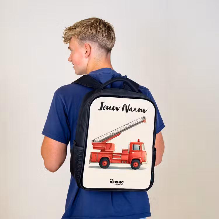 Kinderrugzak met naam - Zwart - Brandweerwagen - Getekend - Rood — 6