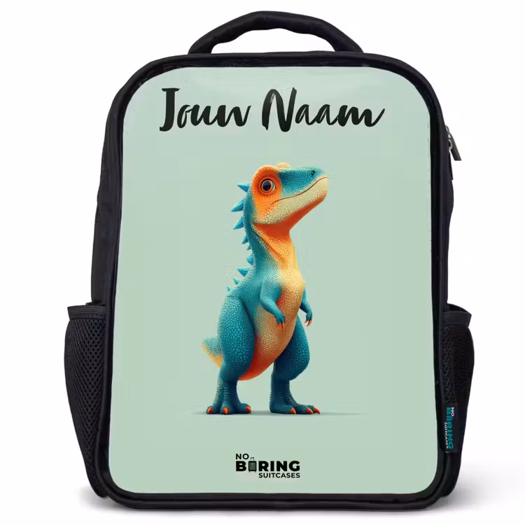 Kinderrugzak met naam - Zwart - Dino - Dier - Groen - Oranje — 1