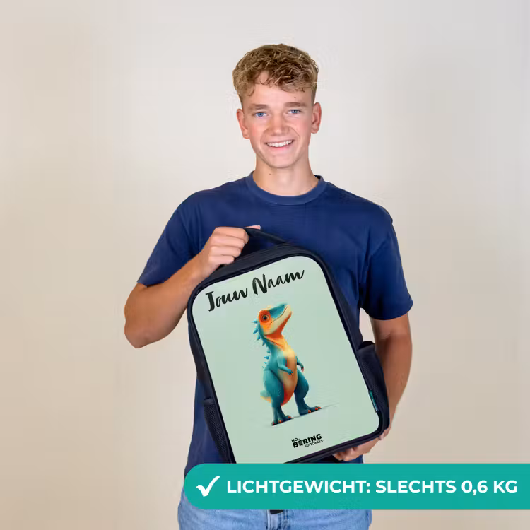 Kinderrugzak met naam - Zwart - Dino - Dier - Groen - Oranje — 2