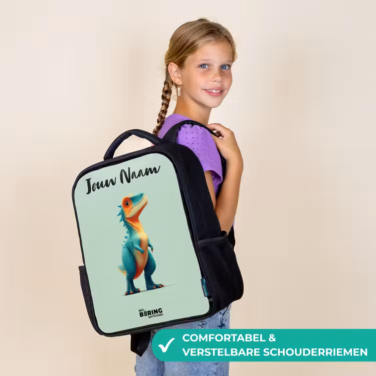Kinderrugzak met naam - Zwart - Dino - Dier - Groen - Oranje — 3