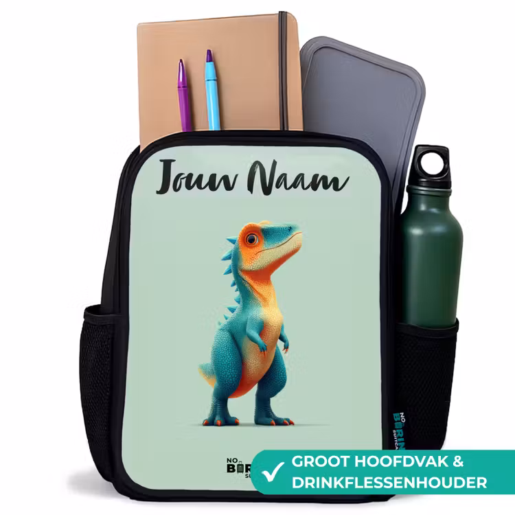 Kinderrugzak met naam - Zwart - Dino - Dier - Groen - Oranje — 4