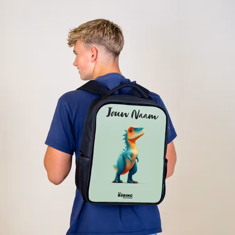 Kinderrugzak met naam - Zwart - Dino - Dier - Groen - Oranje — 6