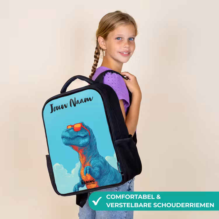 Kinderrugzak met naam - Zwart - Dino - Zonnebril - Blauw β 3