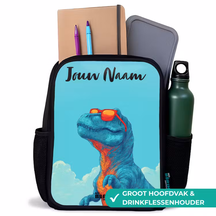 Kinderrugzak met naam - Zwart - Dino - Zonnebril - Blauw β 4