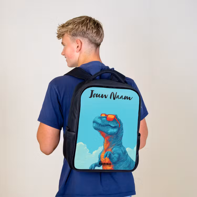 Kinderrugzak met naam - Zwart - Dino - Zonnebril - Blauw β 6