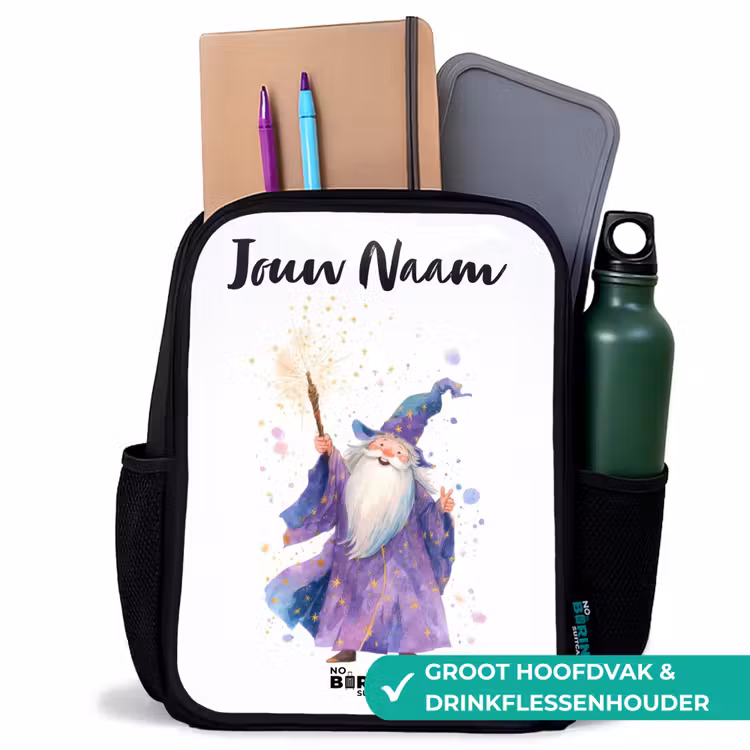 Kinderrugzak met naam - Zwart - Oude tovenaar met staf — 4
