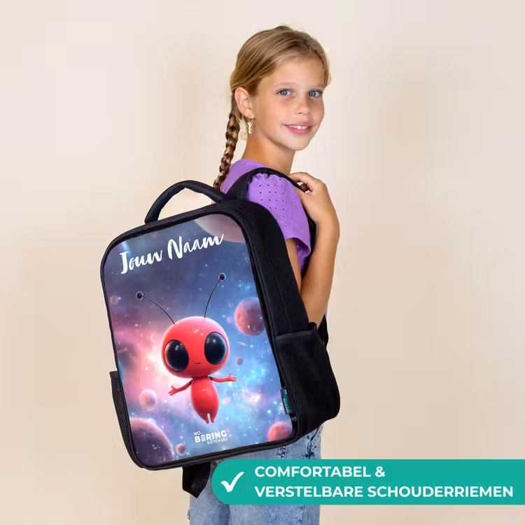 Kinderrugzak met naam - Zwart - Rood Ruimtewezen in Kosmische Dans — 3