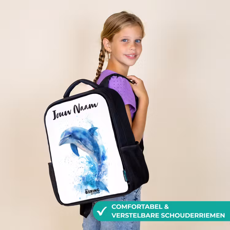 Kinderrugzak met naam - Zwart - Springende blauwe dolfijn β 3