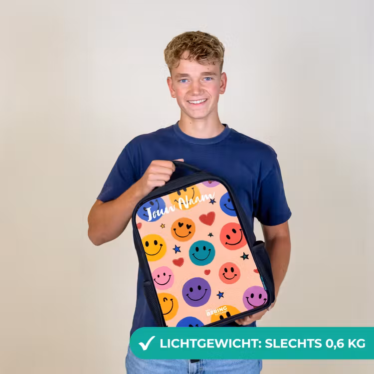 Kinderrugzak met naam - Zwart - Vrolijk Smiley-patroon — 2