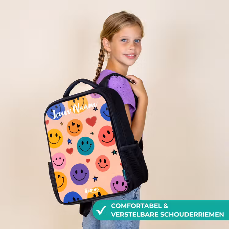 Kinderrugzak met naam - Zwart - Vrolijk Smiley-patroon — 3