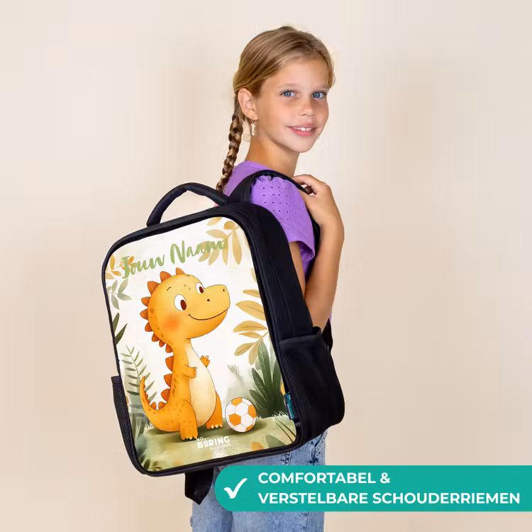 Kinderrugzak met naam - Zwart - Dino - Voetbal - Oranje — 3