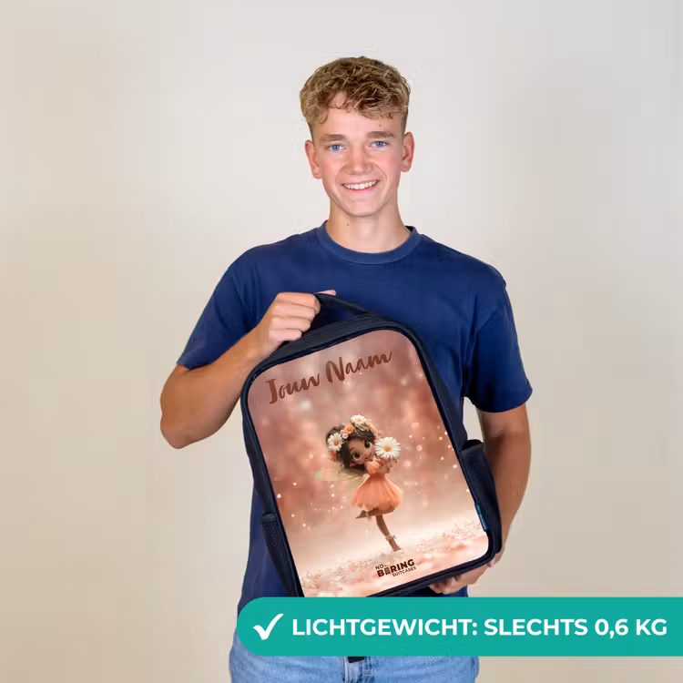 Kinderrugzak met naam - Zwart - Fee met madeliefjes β 2