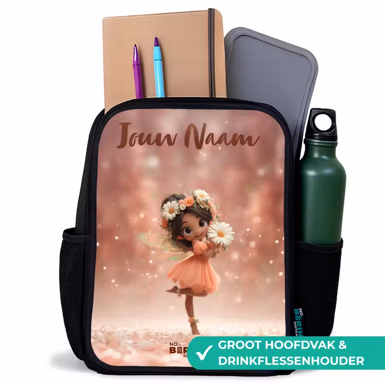 Kinderrugzak met naam - Zwart - Fee met madeliefjes β 4