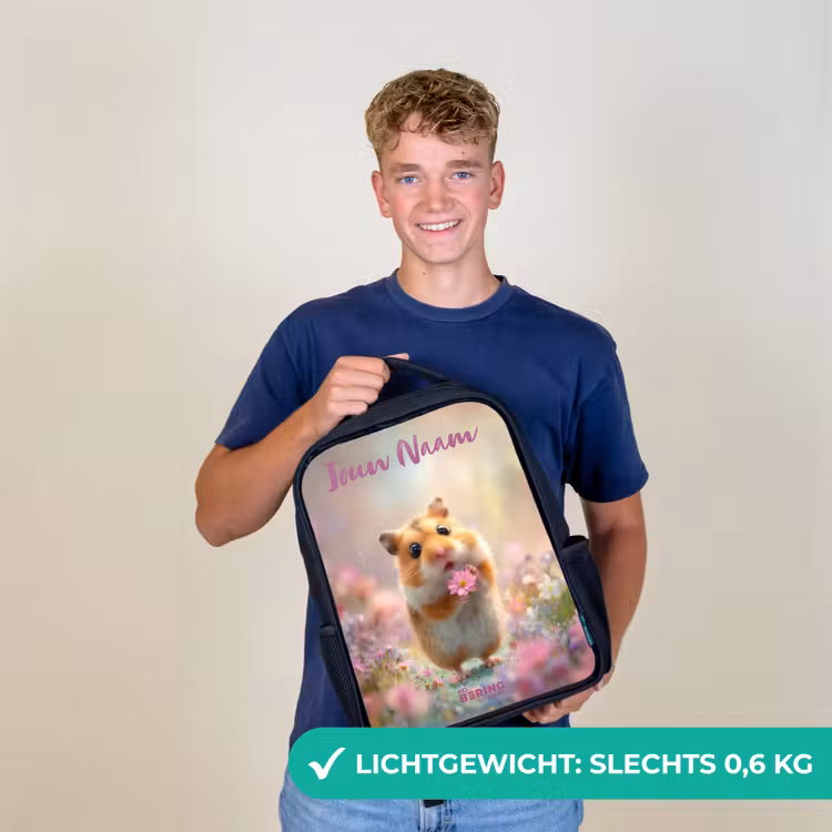 Kinderrugzak met naam - Zwart - Hamster - Bloem - Natuur - Dier β 2