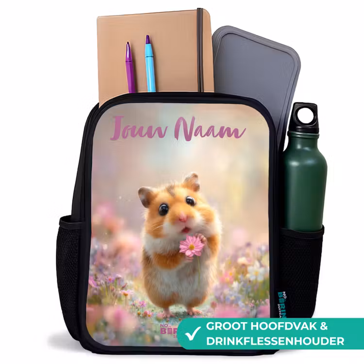 Kinderrugzak met naam - Zwart - Hamster - Bloem - Natuur - Dier β 4