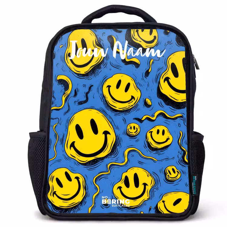 Kinderrugzak met naam - Zwart - Smiley - Blauw - Geel — 1