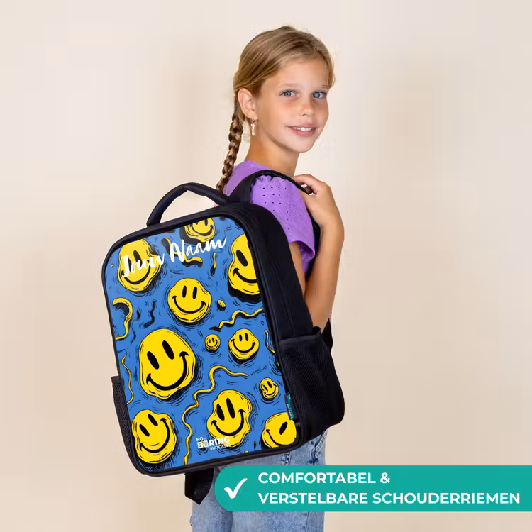 Kinderrugzak met naam - Zwart - Smiley - Blauw - Geel — 3