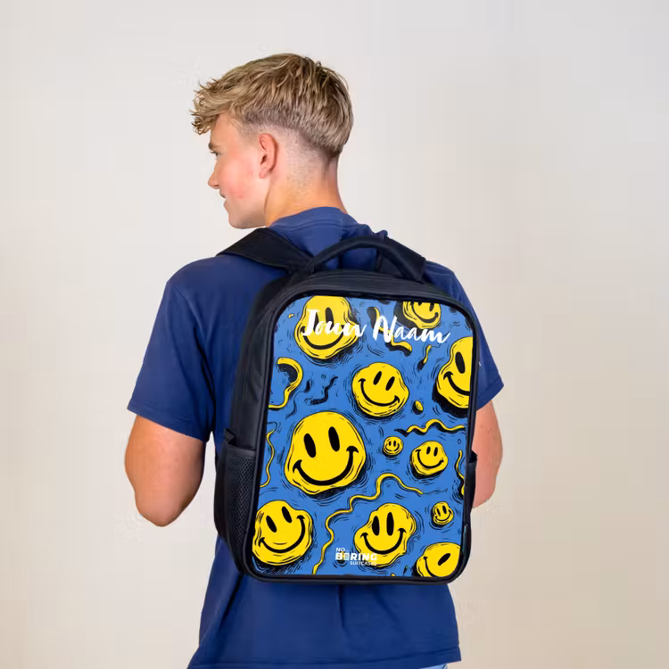 Kinderrugzak met naam - Zwart - Smiley - Blauw - Geel — 6