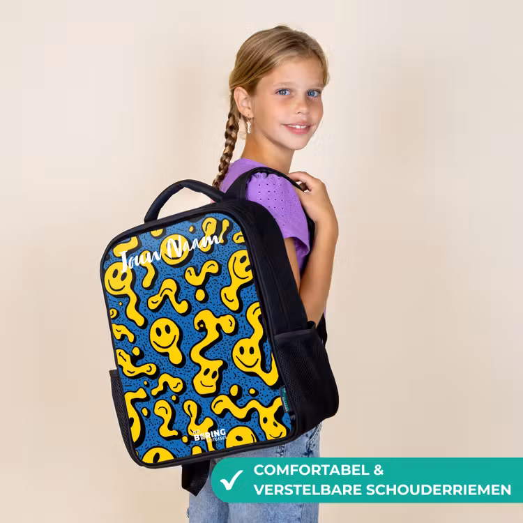 Kinderrugzak met naam - Zwart - Smiley - Geel - Blauw β 3