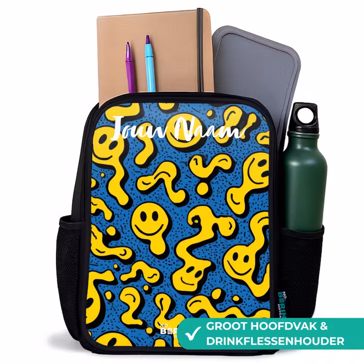 Kinderrugzak met naam - Zwart - Smiley - Geel - Blauw β 4