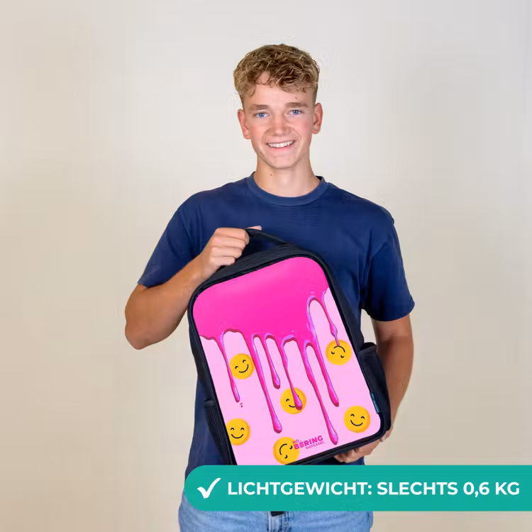 Kinderrugzak met naam - Zwart - Verf - Smiley - Roze — 2