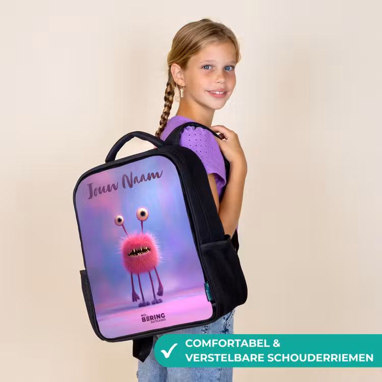 Kinderrugzak met naam - Zwart - Roze harig monster met grote ogen β 3