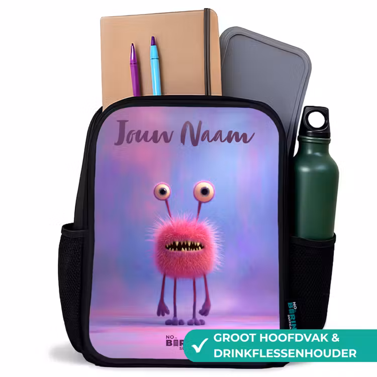 Kinderrugzak met naam - Zwart - Roze harig monster met grote ogen β 4