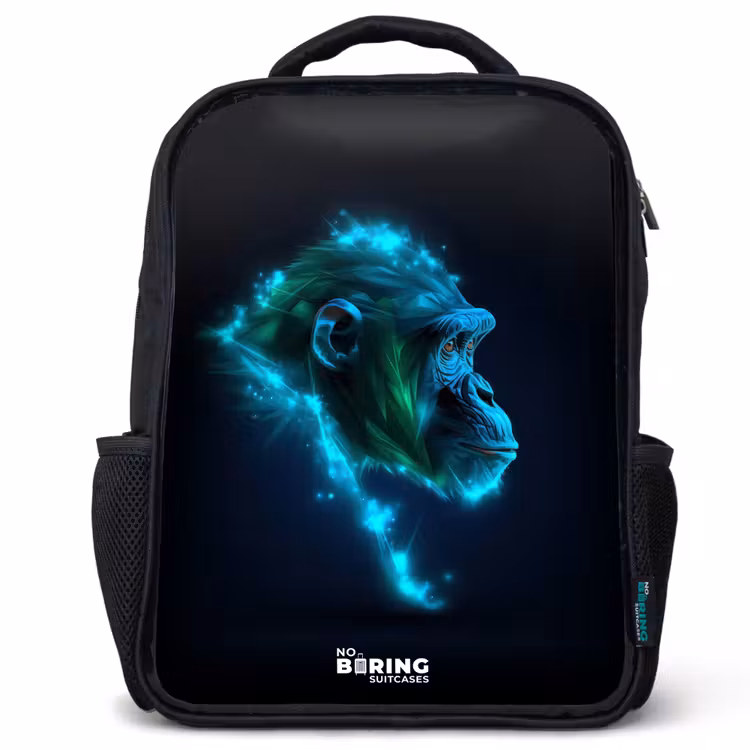 Kinderrugzak met naam - Zwart - Neon silhouet van een chimpansee — 1