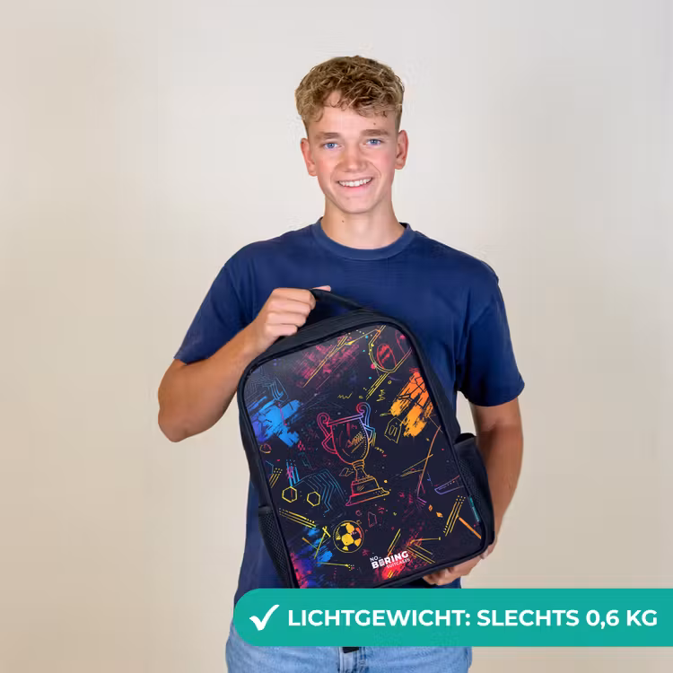Kinderrugzak met naam - Zwart - Neon sporttrofee design — 2