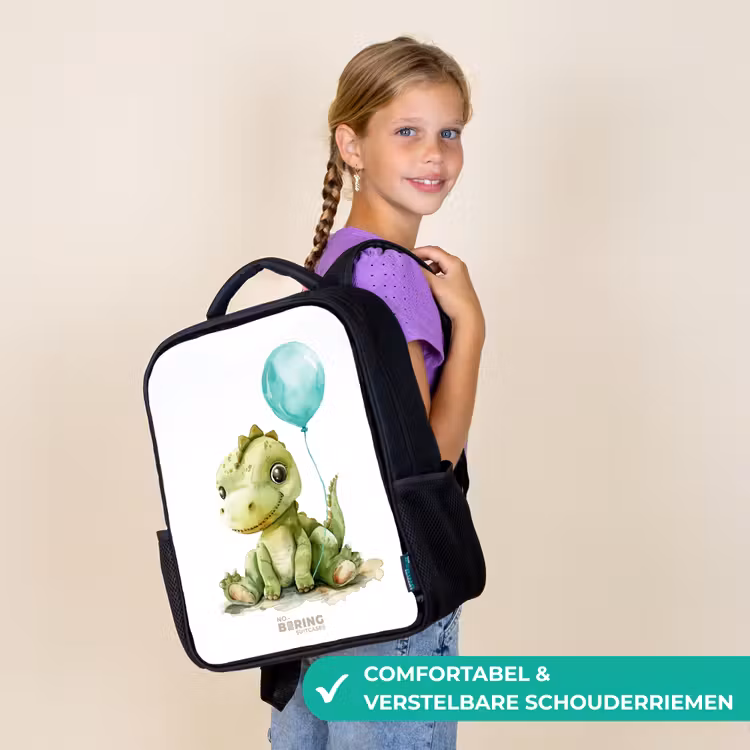 Kinderrugzak met naam - Zwart - Dino met blauwe ballon — 3