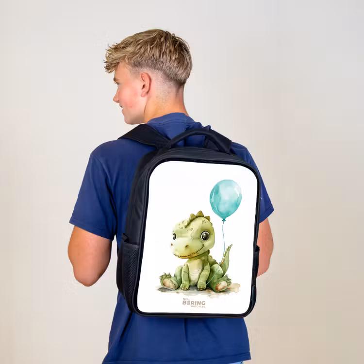 Kinderrugzak met naam - Zwart - Dino met blauwe ballon — 6