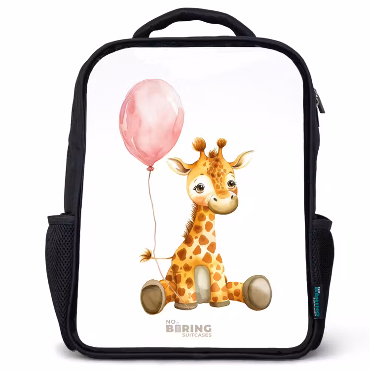 Kinderrugzak met naam - Zwart - Giraffe met roze ballon — 1