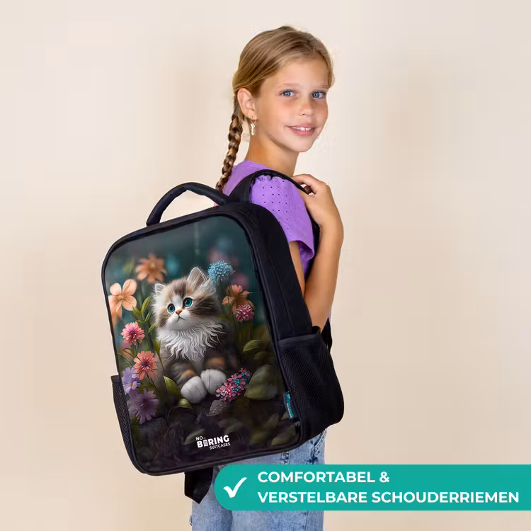 Kinderrugzak met naam - Zwart - Kitten tussen bloemen — 3