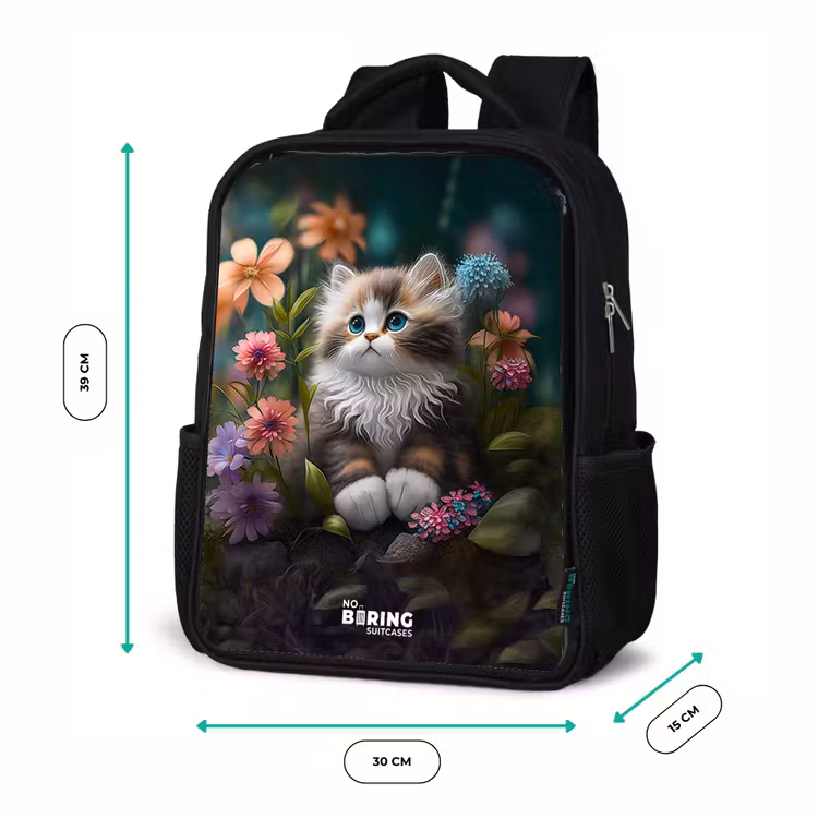 Kinderrugzak met naam - Zwart - Kitten tussen bloemen — 5