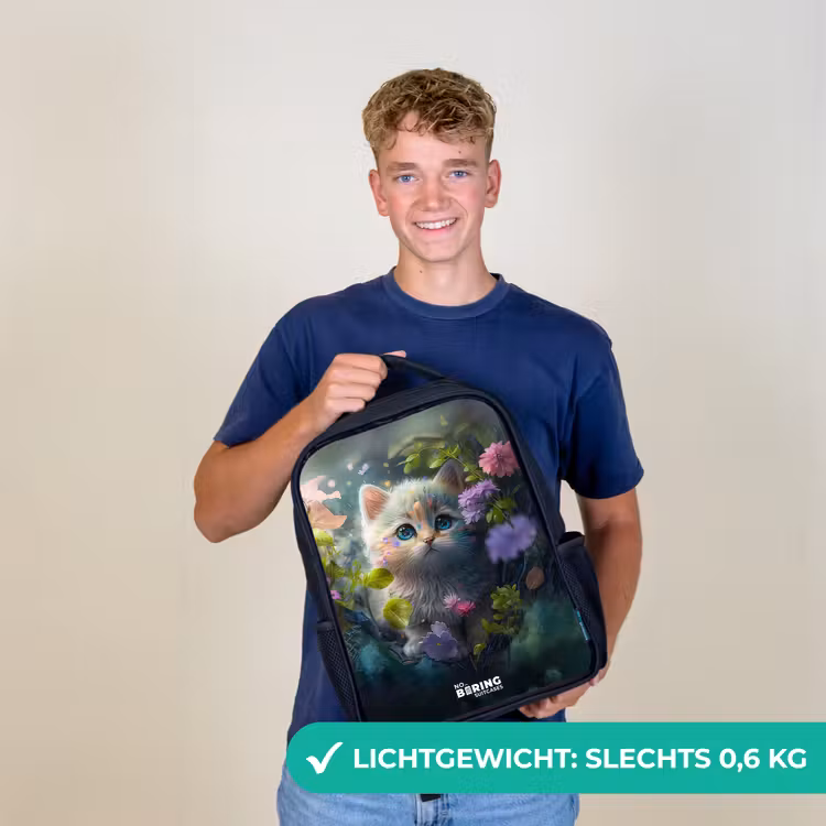 Kinderrugzak met naam - Zwart - Kitten verstopt achter bloemen β 2