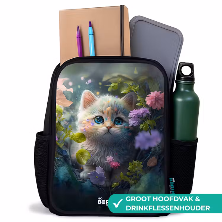 Kinderrugzak met naam - Zwart - Kitten verstopt achter bloemen β 4