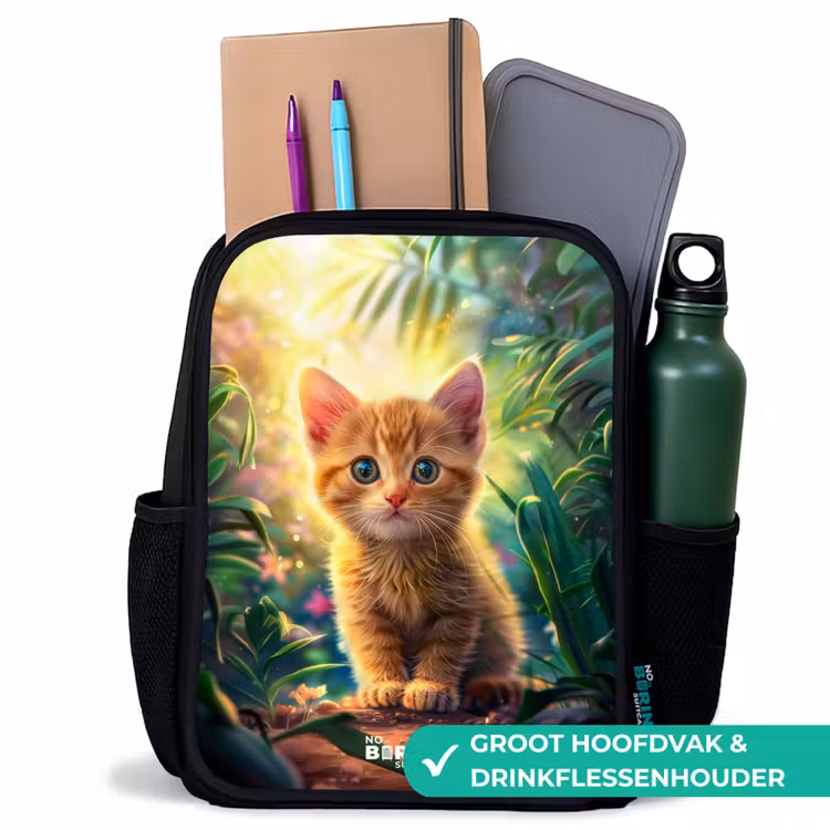 Kinderrugzak met naam - Zwart - Rode kitte in de groene natuur — 4
