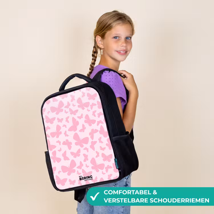 Kinderrugzak met naam - Zwart - Roze vlinders — 3