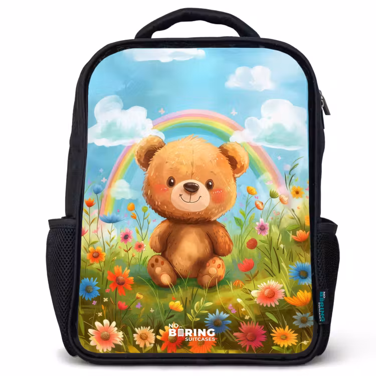 Kinderrugzak met naam - Zwart - Teddybeer tussen de bloemen — 1