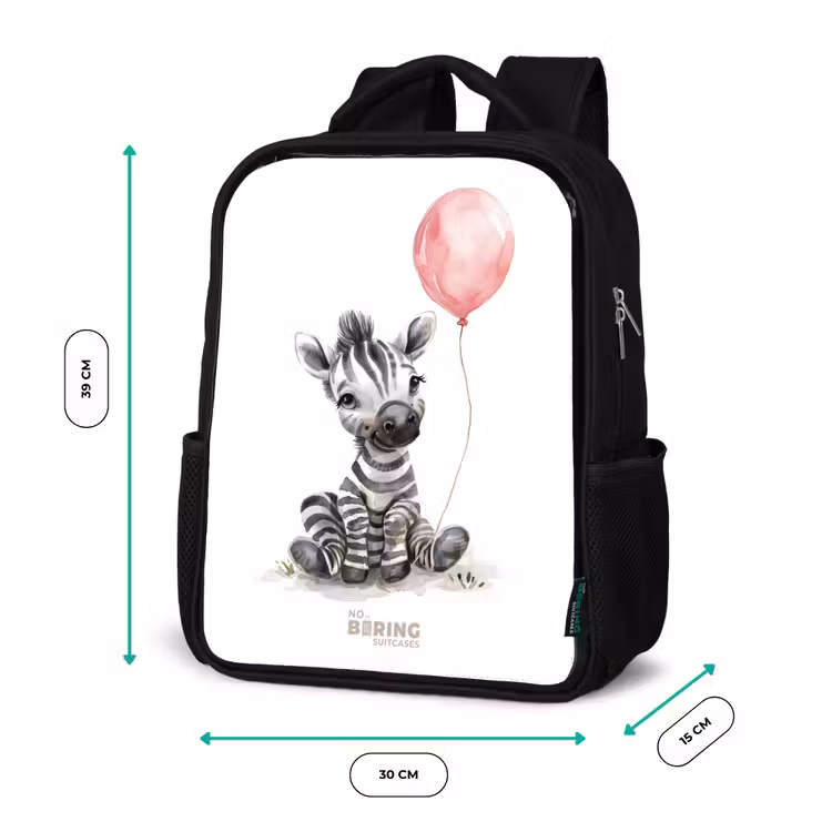 Kinderrugzak met naam - Zwart - Zebra met roze ballon β 5